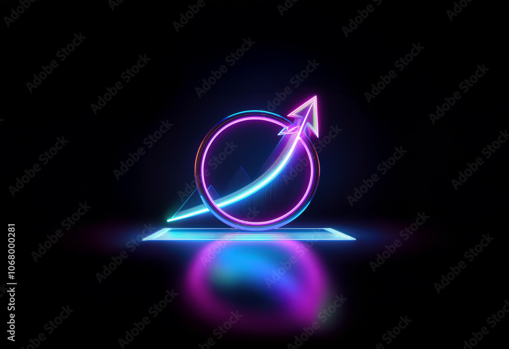 Poster a glowing neon circle with an arrow rising upwards, casting a reflection on a dark surface.