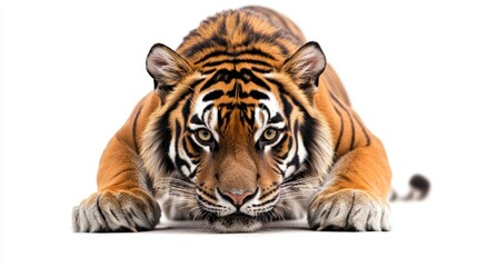 Obraz premium A fierce tiger crouched and ready to pounce, muscles tense, isolated on a white background