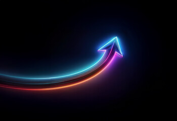 A glowing neon arrow curves upwards against a dark background, symbolizing progress and growth.