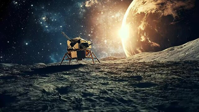 A lunar lander rests on the moon's surface, with a distant planet and stars in the background, capturing the essence of space exploration and the vastness of the universe.