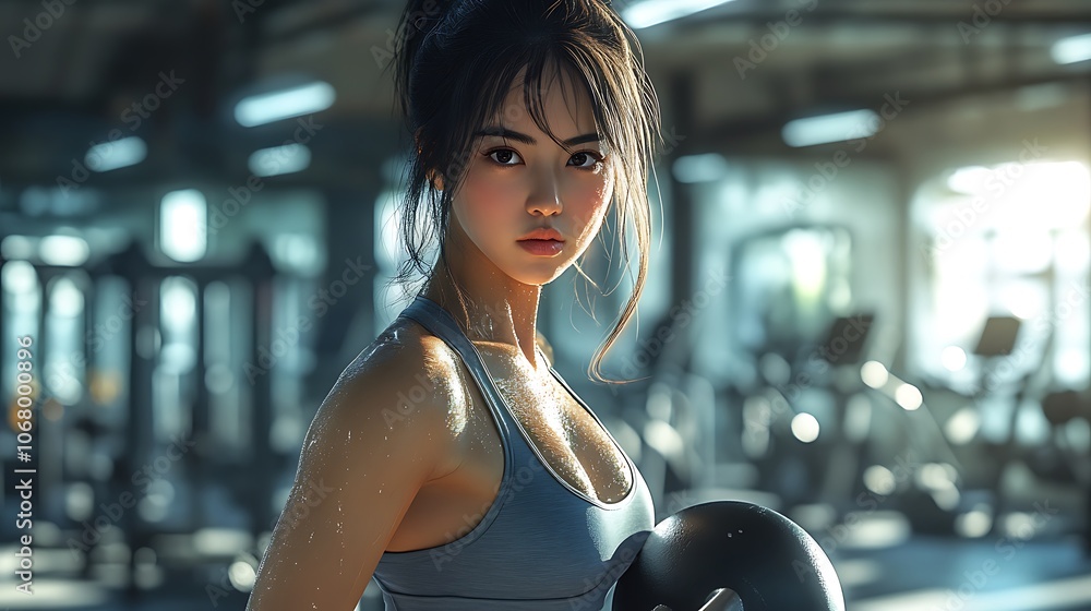 Wall mural A gym scene featuring an Asian woman mid-deadlift with a kettlebell, background showcasing gym mirrors and weight racks, bright lighting casting crisp shadows, sweat glistening on her skin,