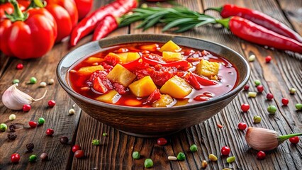 A rustic wooden table holds a bowl of vibrant red and yellow vegetable soup, surrounded by scattered peppercorns and a head of garlic.