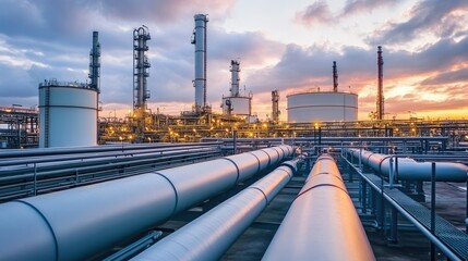 Industrial Complex with Pipelines at Sunset