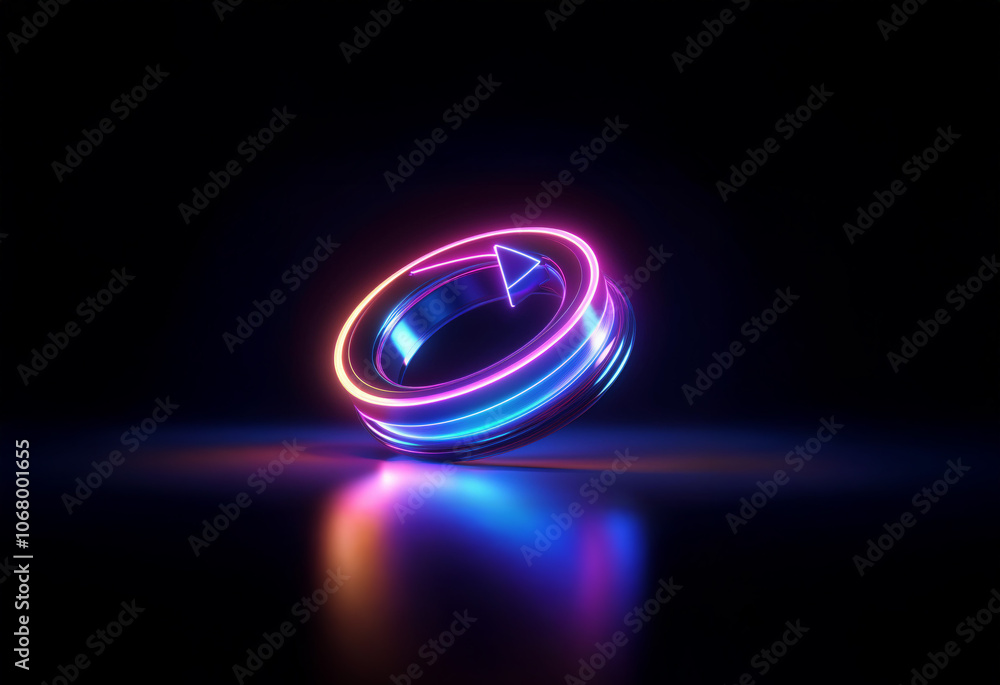 Poster a glowing neon ring with an arrow pointing upwards, tilted slightly and reflecting on a dark surface
