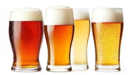 A vibrant display of four glasses of beer, showcasing various colors and styles, perfect for beverage lovers and pub enthusiasts.