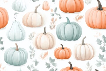 Watercolor seamless pattern with different pumpkins and leaves in autumn colors.