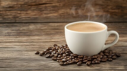 Fototapeta premium Steaming Coffee Cup on Rustic Wooden Surface.