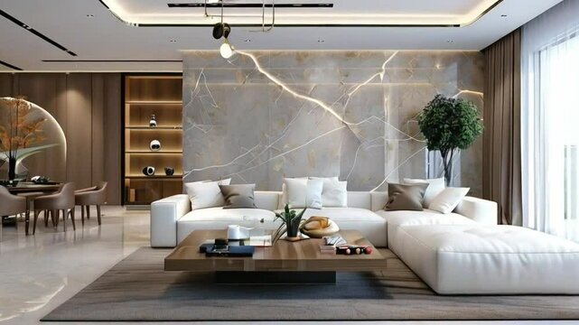 Modern interior design of living room with white sofa, coffee table, stucco wall 3d animation rendering