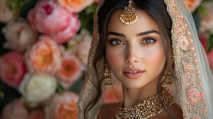 Fototapeta premium Indian bride in traditional attire against a floral backdrop, representing Bollywood fashion and celebration.