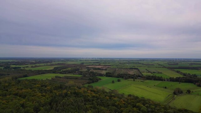 moore plowed field bordering forest in germany. Smooth aerial view flight drone