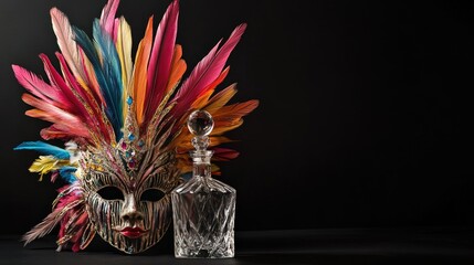 Colorful Mask and Elegant Decanter on Dark Background