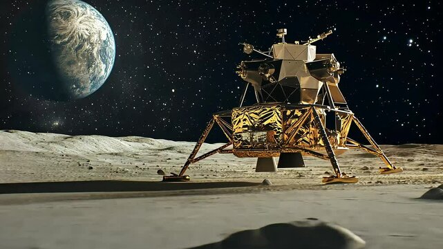 A lunar lander is depicted on the Moon's surface, with Earth visible in the background, symbolizing space exploration and human achievement in science and technology.