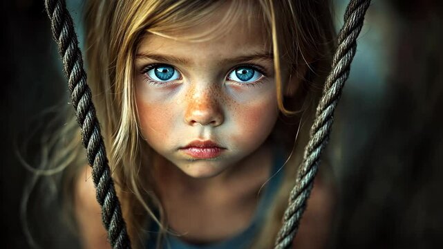 A young girl with blue eyes stares intently at the camera while holding onto a rope