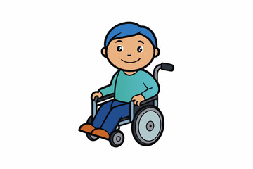 Cartoon kid sit on wheelchair, Smiling boy in a wheelchair, on a white background.