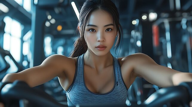 A keyshot of an Asian woman performing leg presses on a gym machine, wearing modern athletic wear, determined gaze, professional gym background with multiple machines and motivational wall decals,