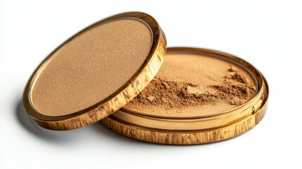 A luxurious compact powder with a gold finish, isolated on a white background