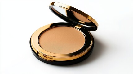 A luxurious compact powder with a gold finish, isolated on a white background
