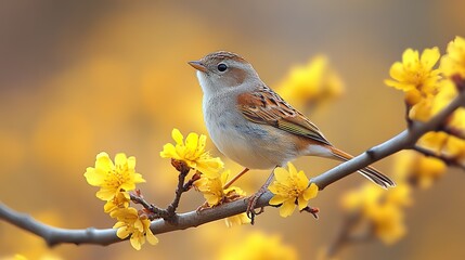 Fototapeta premium Little bird perched on a branch with yellow flowers in a spring garden, representing beautiful nature in spring or summer.