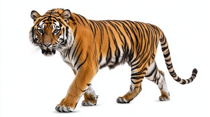 Obraz premium A majestic tiger walking cautiously with its muscles rippling, isolated on a white background