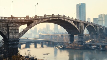 Obraz premium Urban Bridge Over River with City Skyline in Background