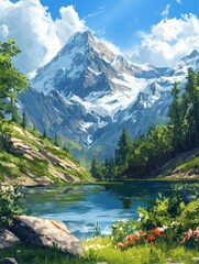 Fototapeta premium A beautiful mountain range with a lake in the foreground. - ai