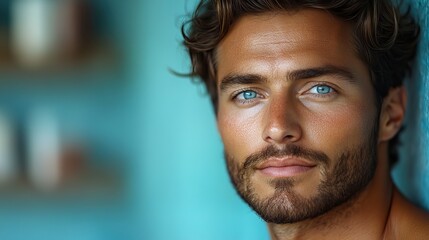 Fototapeta premium Man with lifted skin after a cosmetic procedure on a light blue background, promoting anti-aging skincare for men.