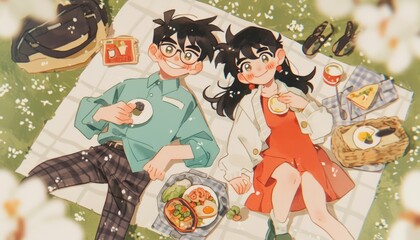 A young couple enjoying a picnic together in a park, surrounded by flowers.