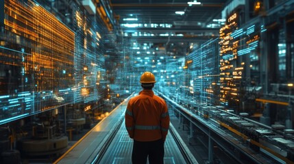 A worker in a hard hat stands in a futuristic factory with holographic displays showing data and information.