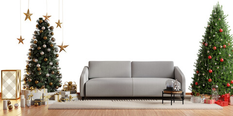 Living room interior with decor and christmas tree on wooden floor transparent back background- 3D rendering