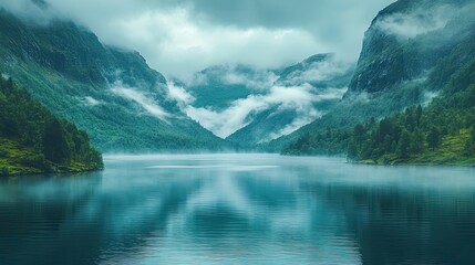 Fototapeta premium Misty lake landscape in Norway, promoting eco-tourism and natural beauty destinations.