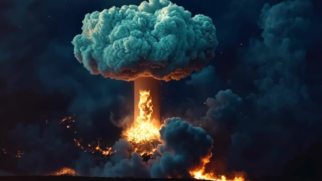 Big explosion with smoke and ash. Eruption. Explosion of a nuclear bomb vector illustration. Mushroom cloud. Bomb detonation. Attack, war, end of the world. Earthquake, magma, lava.