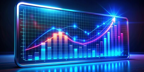Naklejka premium The digital display depicts a visual representation of financial performance with a bright blue and red glow showcasing a rising trend line and bar graphs that highlight progress and success.