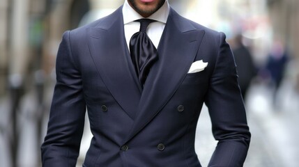 Charming Suit Attire: In a tailored navy suit with a crisp white shirt and sleek black tie, this man embodies sophistication and timeless elegance with effortless charm.
