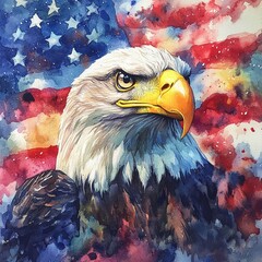 American Bald Eagle flying mountains of America with flag United States of America independence day