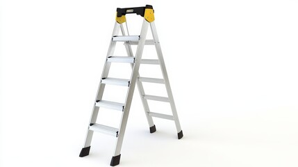 A portable ladder leaning upright, isolated on a white background