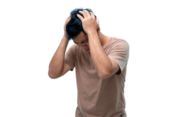 A man in a brown shirt puts his hand on his head because of a headache. Transparent background png.