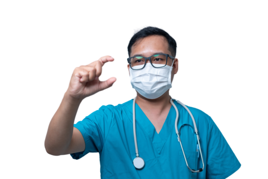A man in a blue scrubs is wearing a mask and holding a pill in his hand. transparent background png
