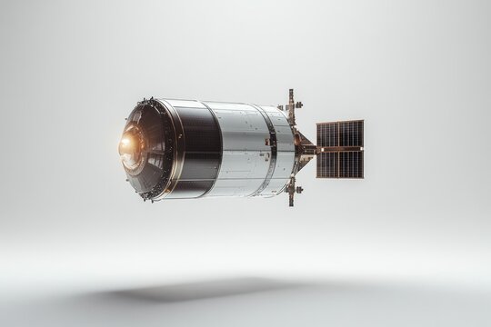 Isolated view of a small satellite model, floating against a white background with copyspace to emphasize technology