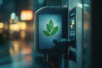 Modern biofuel station pump with a leaf symbol, isolated on a minimal background with room for informational text