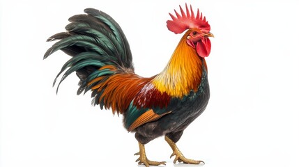 Fototapeta premium A proud rooster crowing at sunrise, its colorful feathers standing out, isolated on a white background