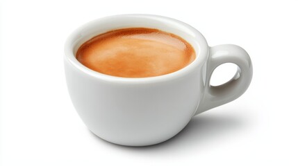 A rich espresso shot with a smooth crema, served in a small white cup, isolated on a white background