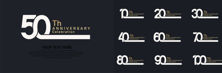 Anniversary logo set vector design, white and golden color for celebration event