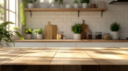 A modern home space with a blurred kitchen interior and wooden desk area emphasizing a clean minimalist style. AI generative