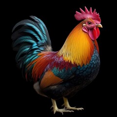 Fototapeta premium Realistic Full-Body Photograph of a Rooster in Side View Against a Colorful Black Background