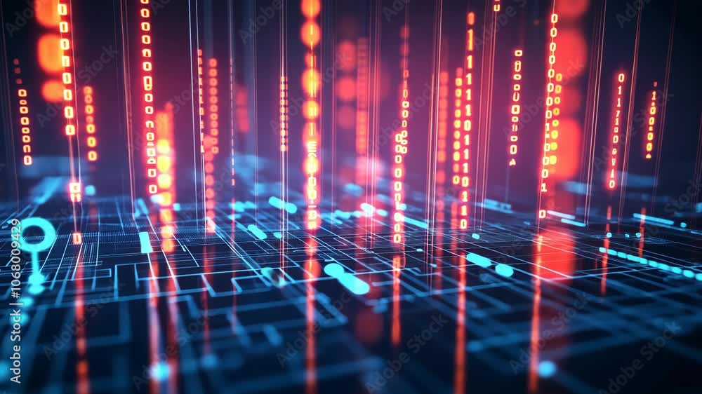 Poster binary code streams down a digital landscape, representing the flow of information in the digital wo