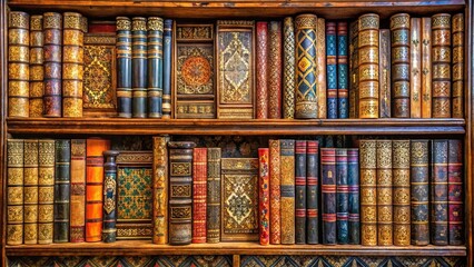 A collection of antique books, with ornate covers and intricate details, stand on a wooden bookshelf, showcasing a testament to the beauty and knowledge preserved within their pages.