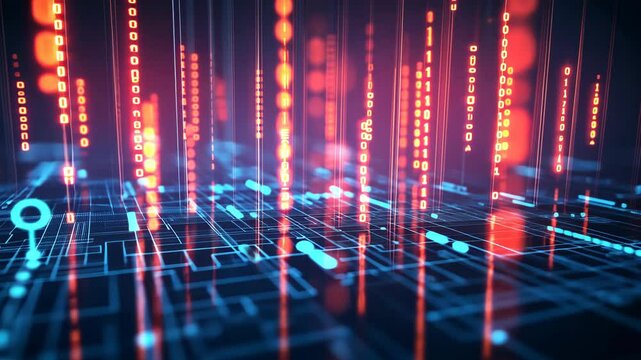 Binary code streams down a digital landscape, representing the flow of information in the digital world