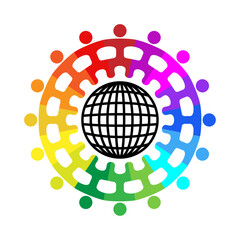 People holding hands forming a gear around of world globe symbol. Vector isolated on white background.	
