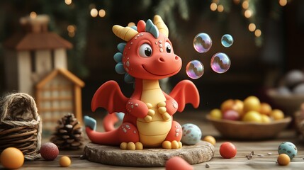 A cute red dragon figurine with wings sitting on a wooden table surrounded by colorful Easter eggs, a pine cone, and a wooden house.