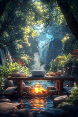 Outdoor Kitchen Scene with Cooking Pot and Fire